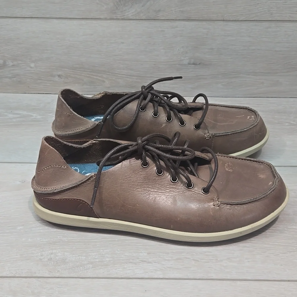 Olukai Men's Nalukai Brown Boat Shoes Oxford Sneakers Leather Shoes Sz 10